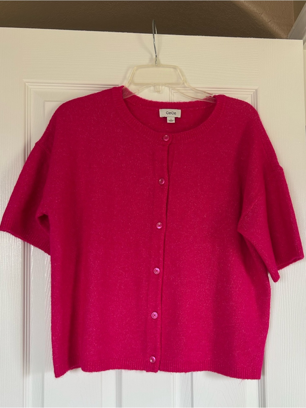 CeCe Bright Fuchsia Crewneck Button Cardigan